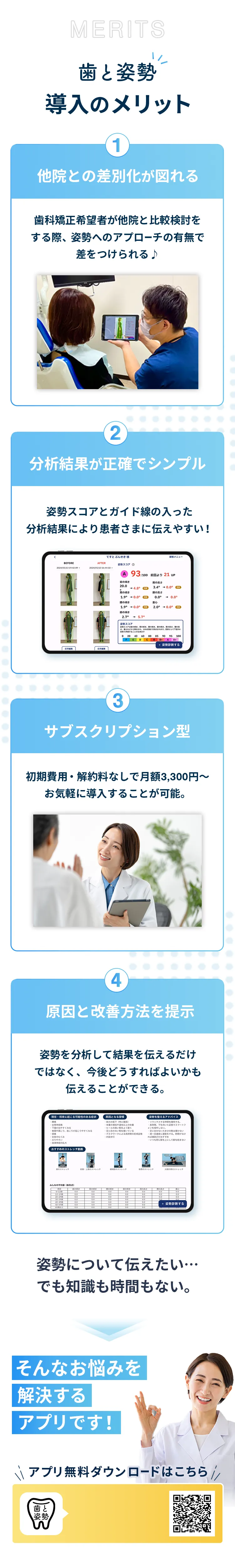 導入することで、姿勢の知識と時間がなくてもサポートできるようになるので、他院との差別化が図れる。